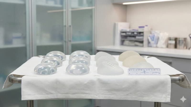 Medical examination tray, displaying several varied breast implants of different sizes, shapes (round and anatomical), and profiles