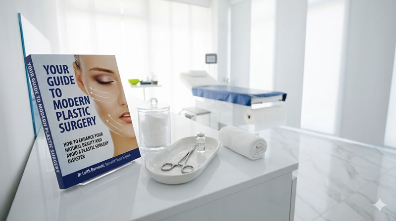 A copy of the book 'Your Guide to Modern Plastic Surgery' by Dr Laith Barnouti displayed on a white medical counter, accompanied by a sterile instrument tray, a glass jar of cotton, and a rolled towel in a bright, modern clinic setting.