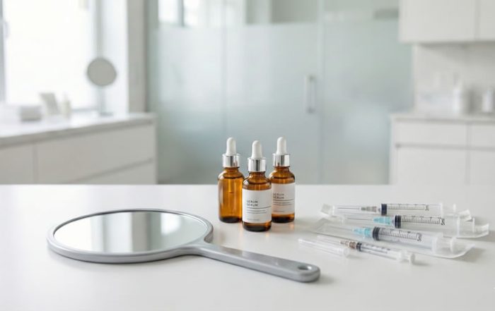 A minimalist medical aesthetic still life featuring skincare serums, a handheld mirror, and syringes in a bright clinic setting