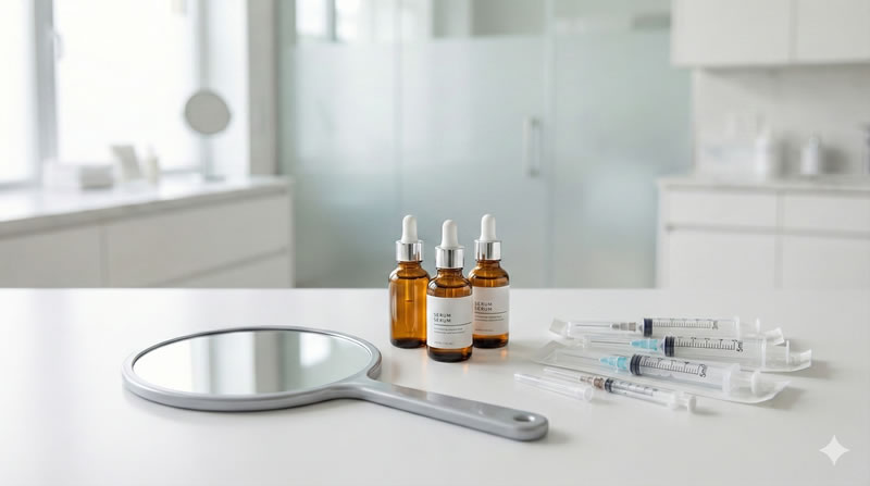 A minimalist medical aesthetic still life featuring skincare serums, a handheld mirror, and syringes in a bright clinic setting