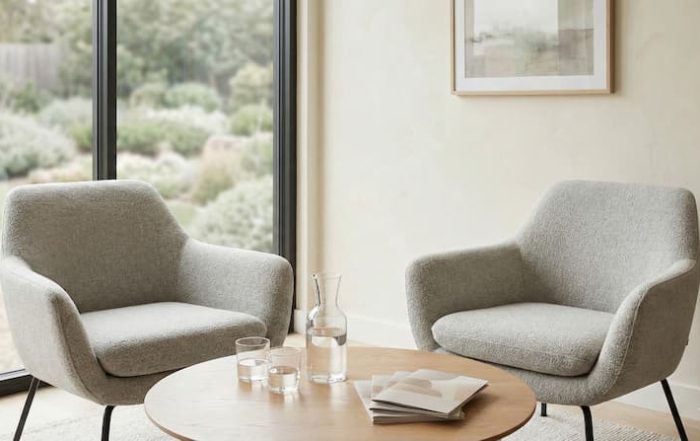 A calming consultation area featuring two textured grey armchairs, a wooden coffee table with a water carafe and brochures, and a large window overlooking a peaceful garden.