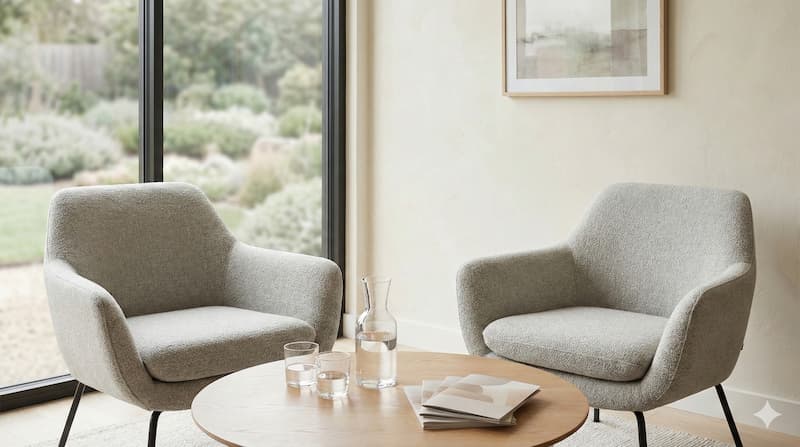 A calming consultation area featuring two textured grey armchairs, a wooden coffee table with a water carafe and brochures, and a large window overlooking a peaceful garden.
