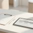 A minimalist medical office desk featuring a clipboard, silver pen, and tablet displaying a recovery timeline, set against a blurred modern clinic background.