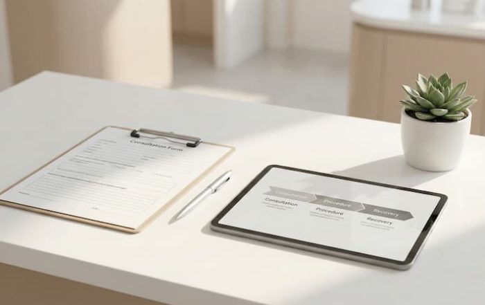 A minimalist medical office desk featuring a clipboard, silver pen, and tablet displaying a recovery timeline, set against a blurred modern clinic background.