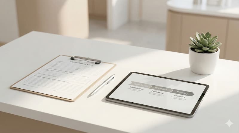 A minimalist medical office desk featuring a clipboard, silver pen, and tablet displaying a recovery timeline, set against a blurred modern clinic background.