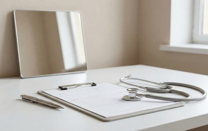 A minimalist medical consultation desk featuring a sleek stethoscope, a clipboard with blank charts, and a pen, bathed in soft natural light with a simple mirror in the background reflecting an empty beige wall.