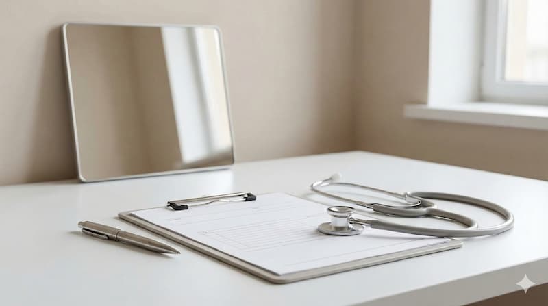 A minimalist medical consultation desk featuring a sleek stethoscope, a clipboard with blank charts, and a pen, bathed in soft natural light with a simple mirror in the background reflecting an empty beige wall.